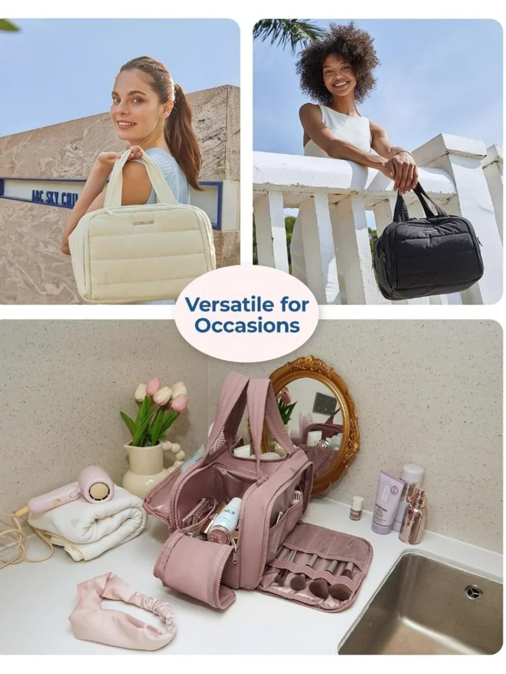 Lightweight Large Travel Toiletry Bag for Women - Wide-Open Makeup Organizer
